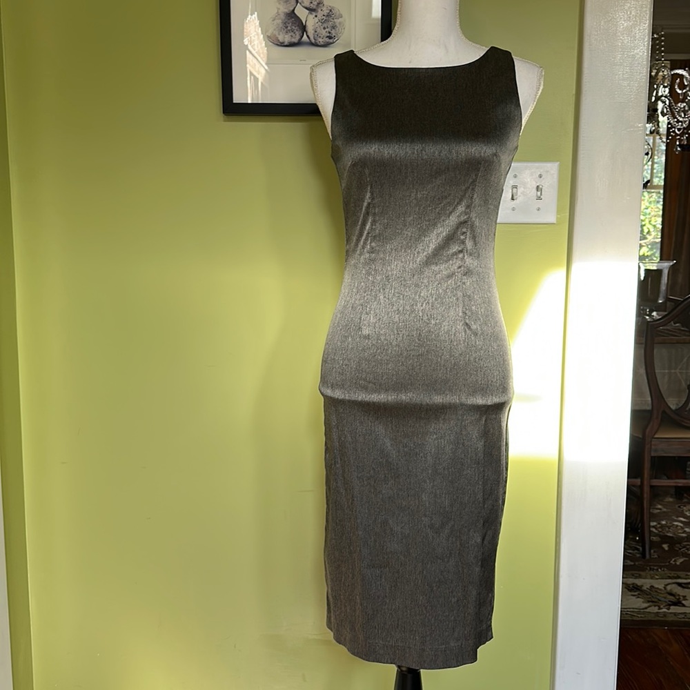 Metallic silver Hugo Buscati sleeveless sheath dress, size 4.